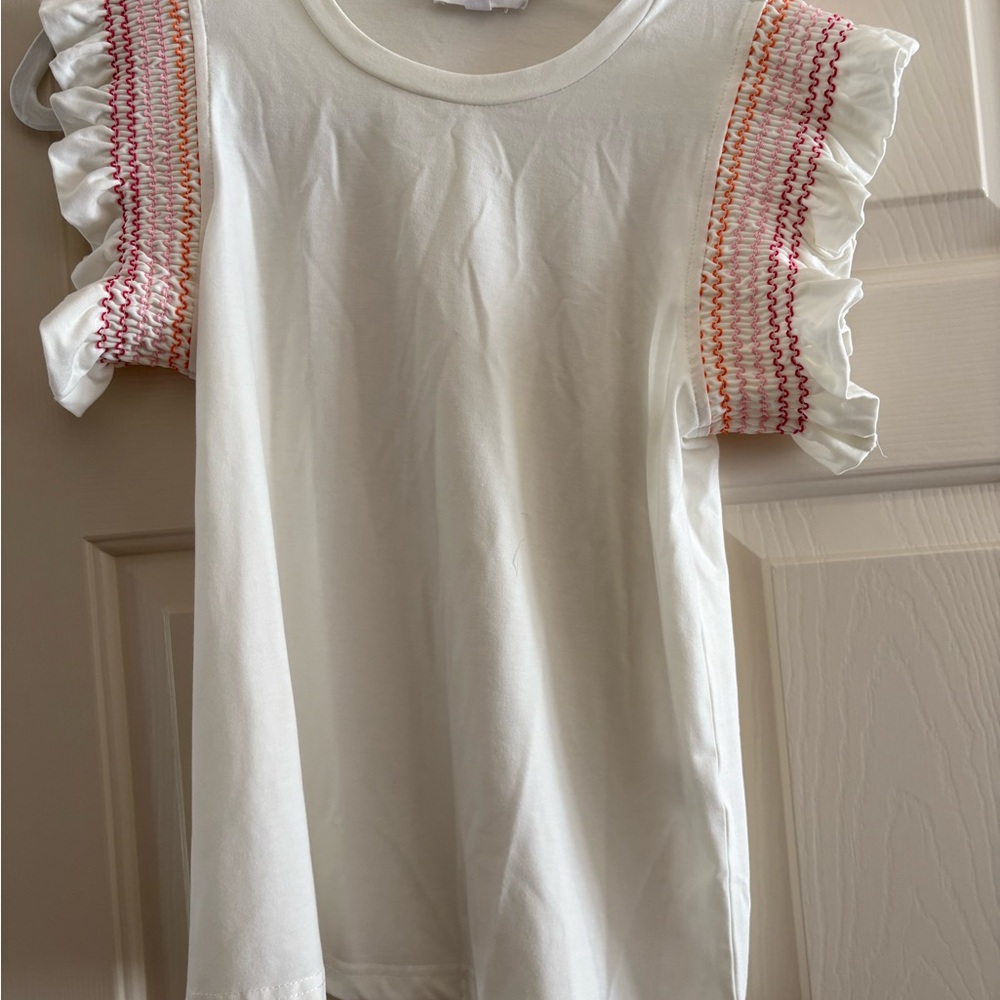 THML White Top with Pink and Orange Ruffle Sleeves